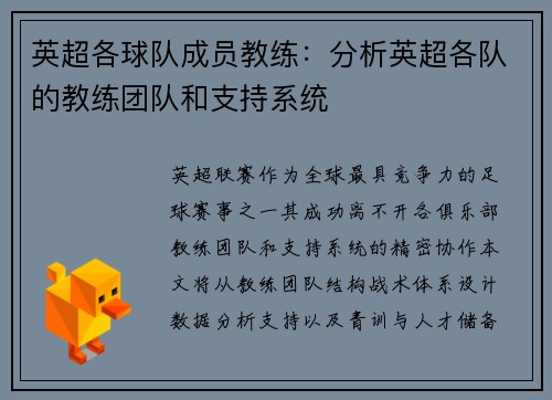 英超各球队成员教练：分析英超各队的教练团队和支持系统