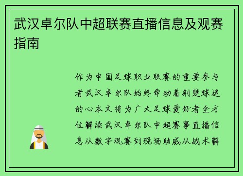 武汉卓尔队中超联赛直播信息及观赛指南